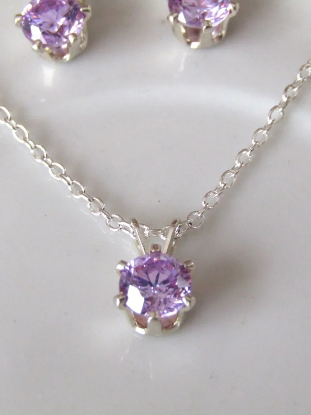 Amethyst 5mm Round Faceted Silverplate Necklace & Matching Amethyst Earrings Set
